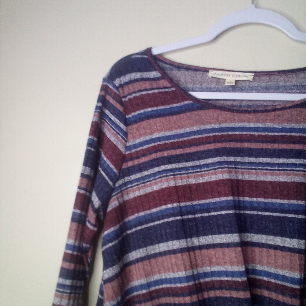 Another Reason Shirt Blouse L 3/4 Sleeve Tie Detail Ribbed Stripe Blue Red - Picture 11 of 14